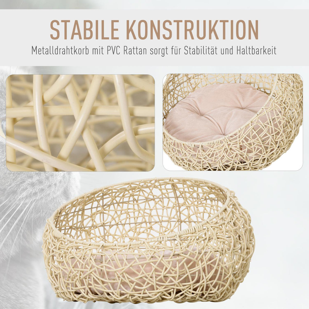 Cat Bed Made Of Rattan Comfortable Cat Cave With Cushion, Cat Basket & Dog Bed, Beige, Ø56X35Cm