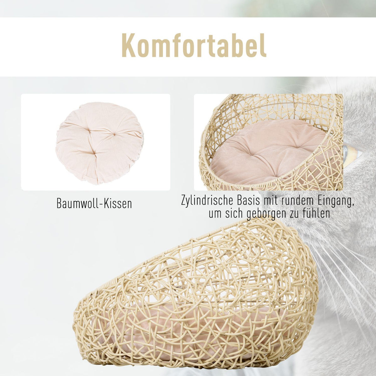 Cat Bed Made Of Rattan Comfortable Cat Cave With Cushion, Cat Basket & Dog Bed, Beige, Ø56X35Cm
