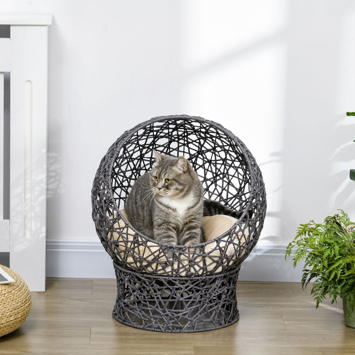 Cat Bed Stylish Cat Cave With Cushion, Polyester Rope, Purple + Cream White, Cylindrical Base