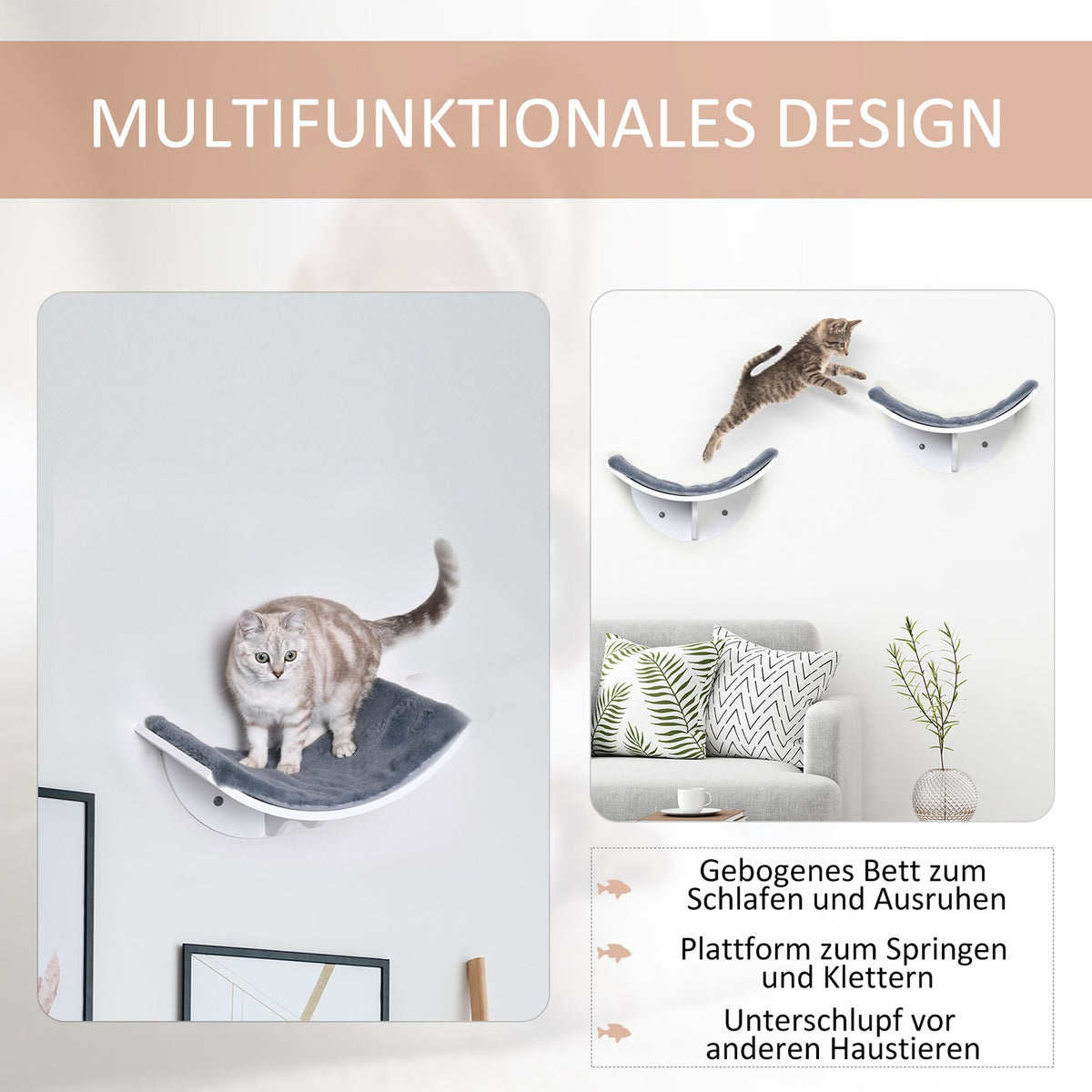 Cat Bed Wall Mounted Stylish Wall Lounger For Cats, Plush Cushion, Mdf, Easy Installation, White + Gray, 41X28X21Cm