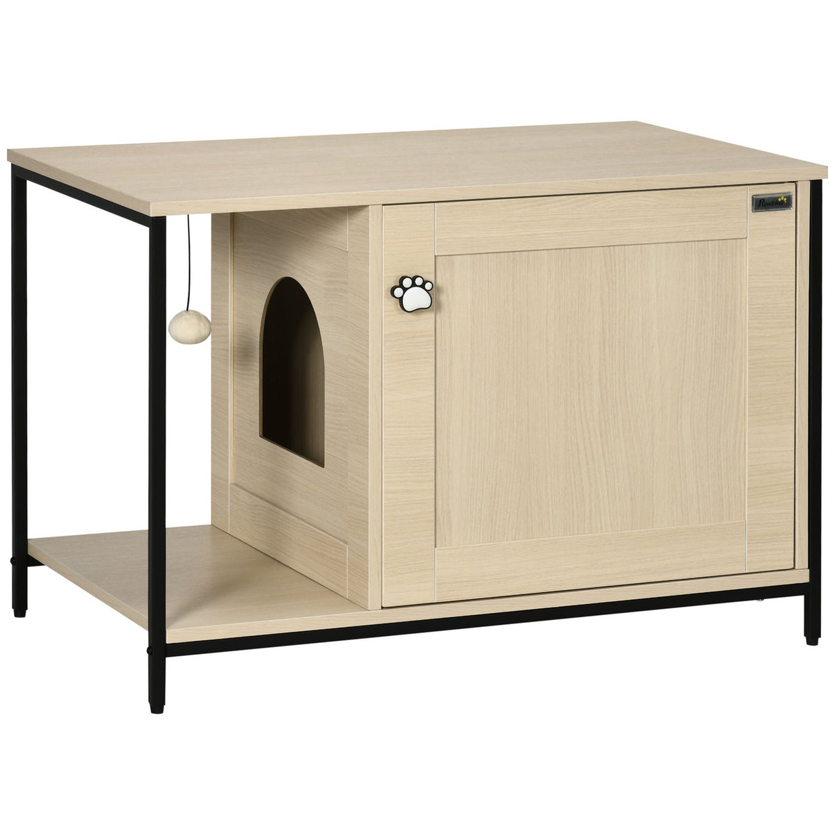 Cat Cabinet Cat Toilet In Cabinet Design, With Play Ball & Side Table, Oak, Magnetic Door, 86X48X52Cm
