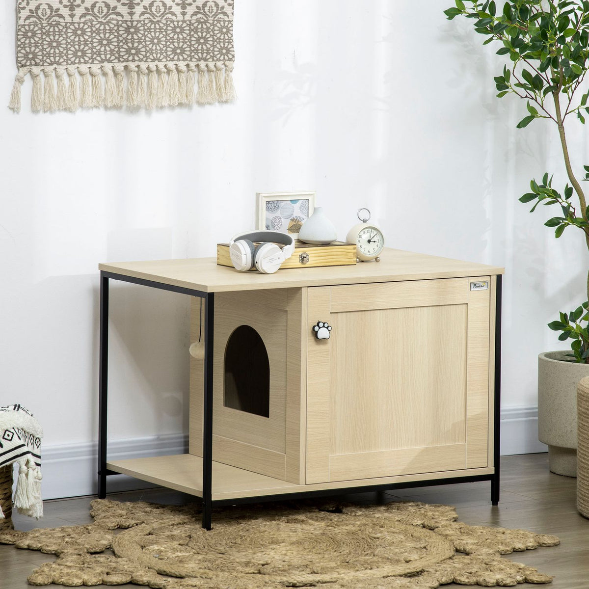 Cat Cabinet Cat Toilet In Cabinet Design, With Play Ball & Side Table, Oak, Magnetic Door, 86X48X52Cm