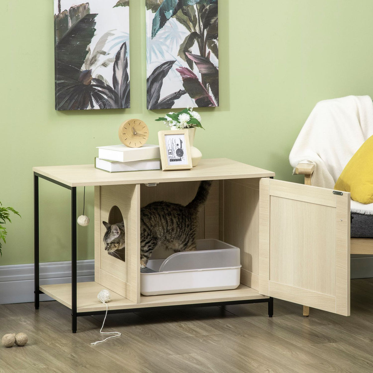 Cat Cabinet Cat Toilet In Cabinet Design, With Play Ball & Side Table, Oak, Magnetic Door, 86X48X52Cm