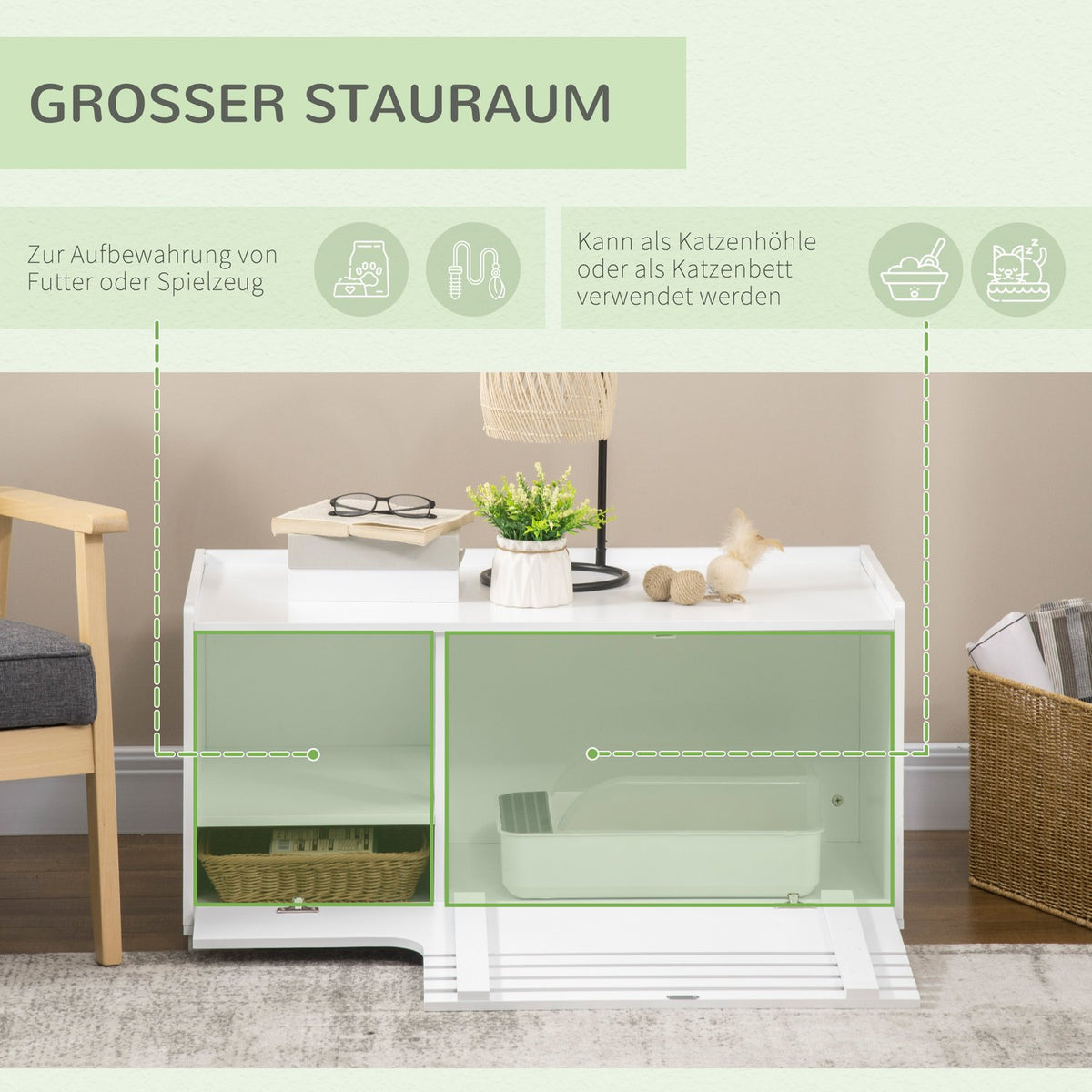 Cat Cabinet For Cat Litter Box Cat House With Magnetic Door, Side Table Design, Mdf, White