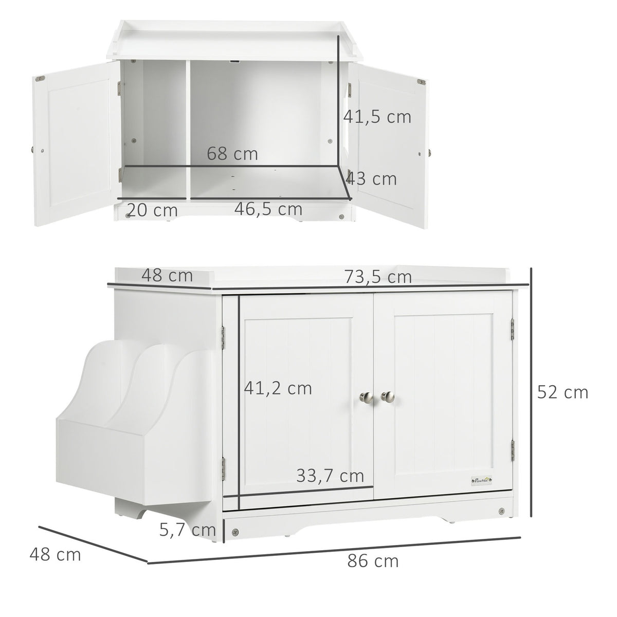 Cat Cabinet Litter Tray Adjustable Divider Magnetic Doors White 86X48X52Cm