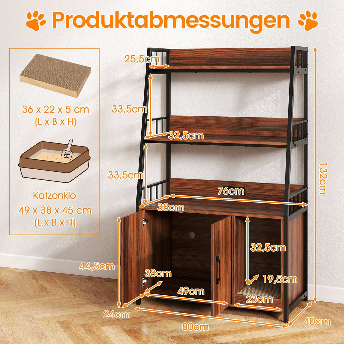 Cat Cabinet with Bookshelf, Charging Station, Scratch Pad, 80x40x132cm