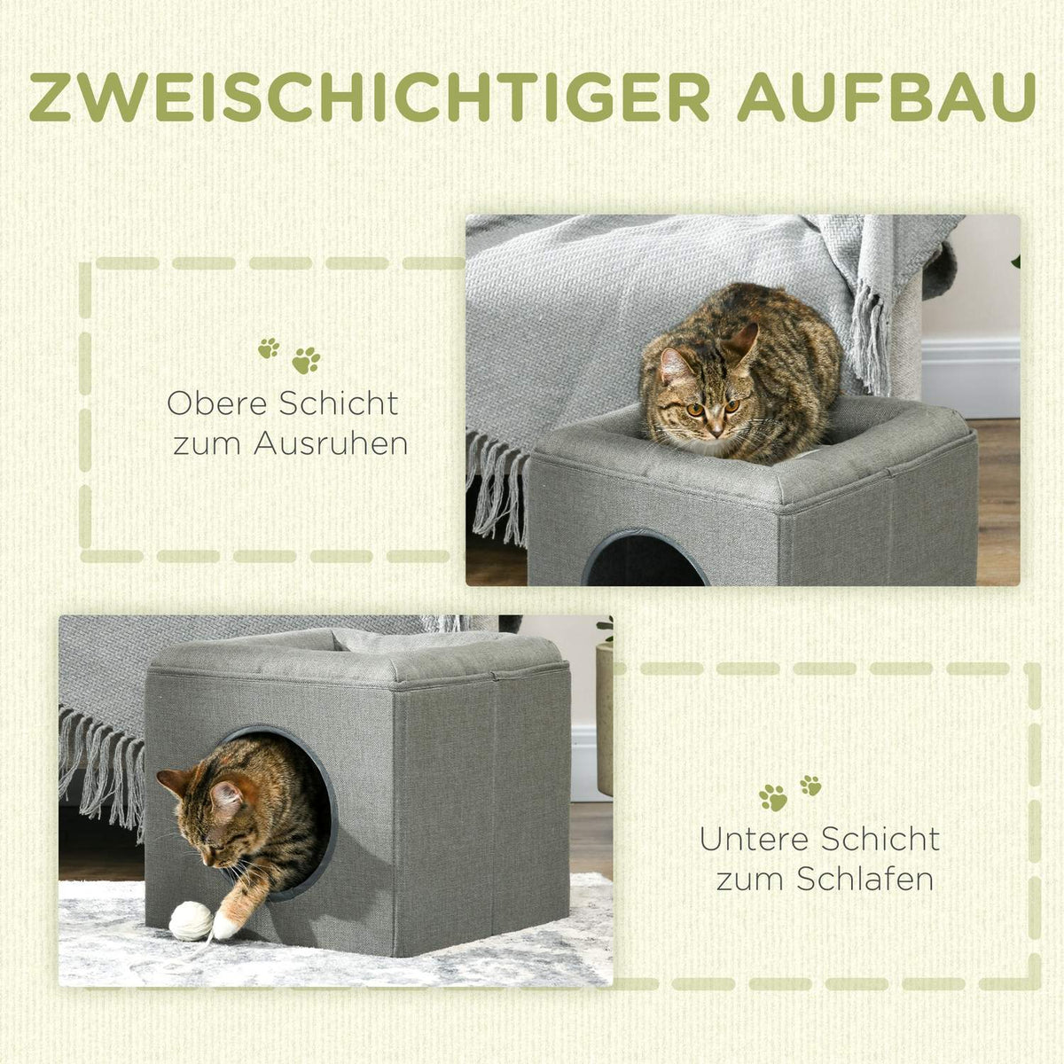 Cat Cave 36.5X36.5X33Cm Two-Story Cat House With Cushion, Dog House For Cats Up To 5Kg In Green