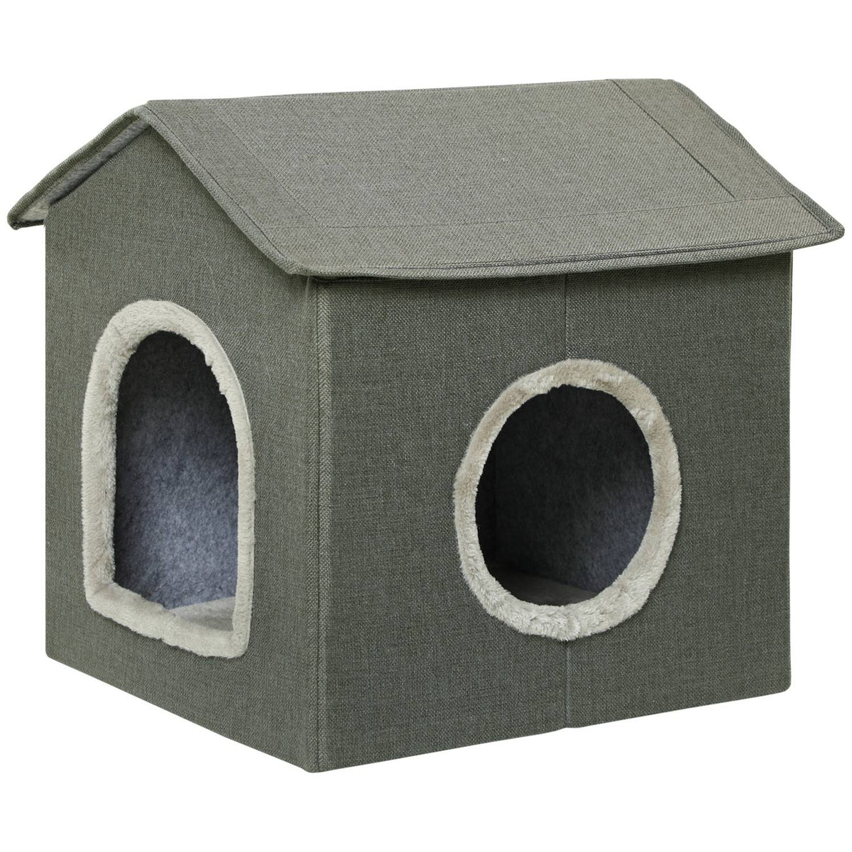 Cat Cave Cozy Cat House With Two Doors, Cushions, Cat Bed For Up To 5Kg, Polyester In Grey