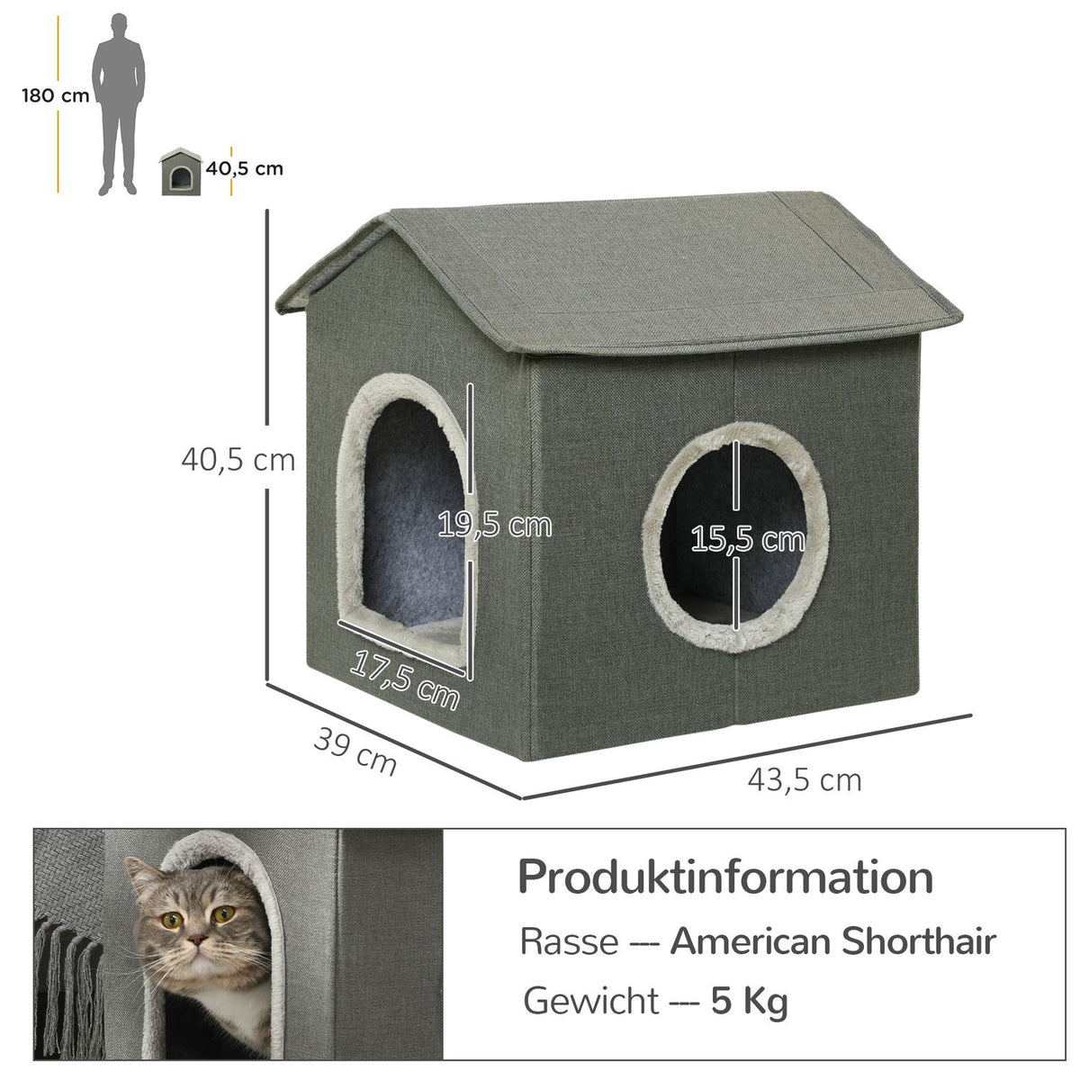 Cat Cave Cozy Cat House With Two Doors, Cushions, Cat Bed For Up To 5Kg, Polyester In Grey