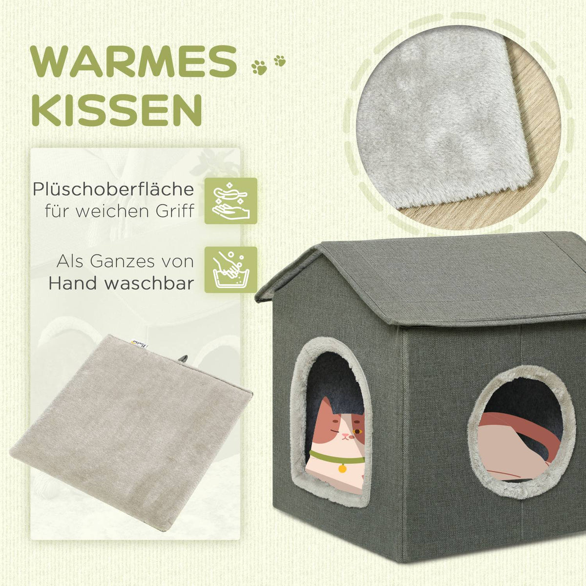 Cat Cave Cozy Cat House With Two Doors, Cushions, Cat Bed For Up To 5Kg, Polyester In Grey