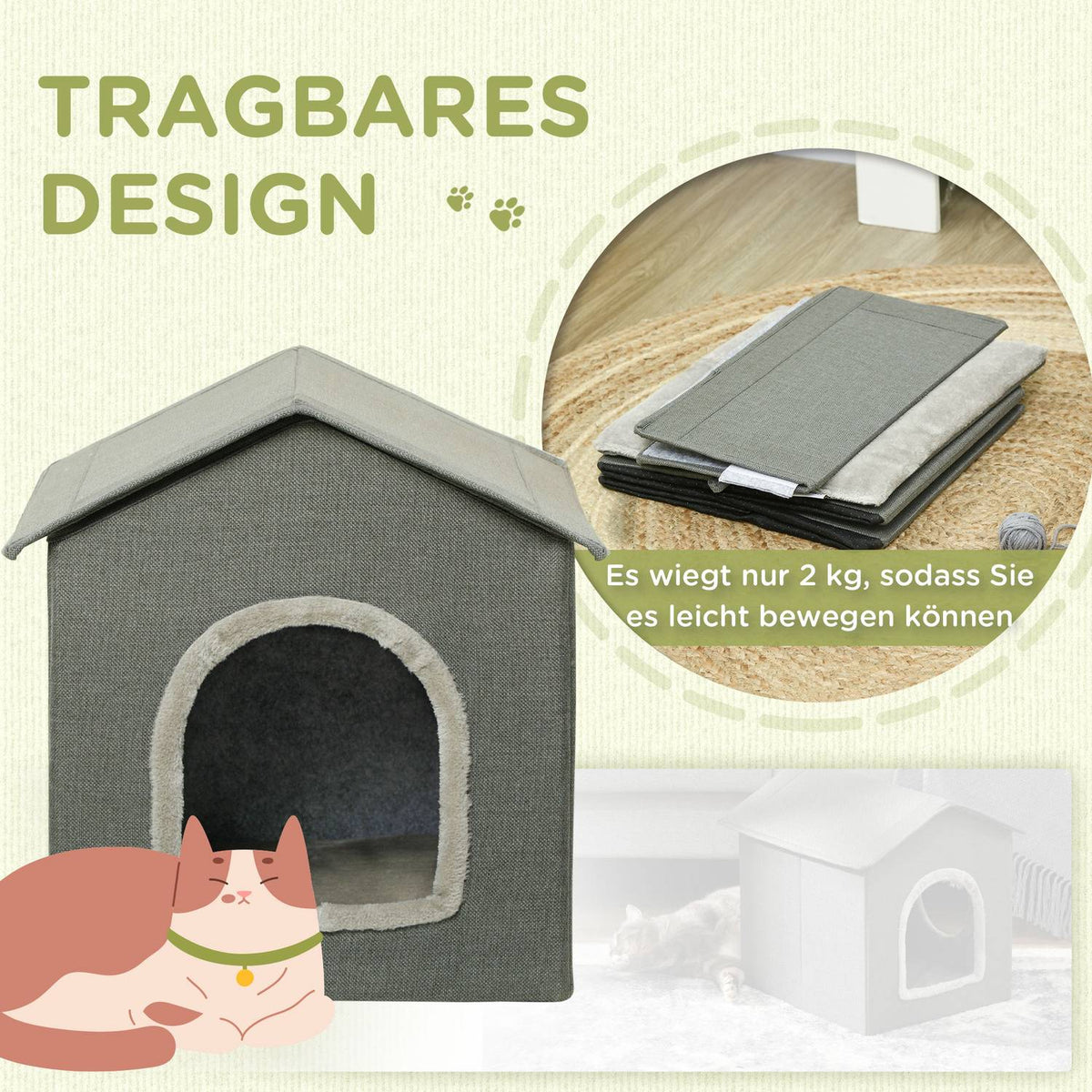Cat Cave Cozy Cat House With Two Doors, Cushions, Cat Bed For Up To 5Kg, Polyester In Grey