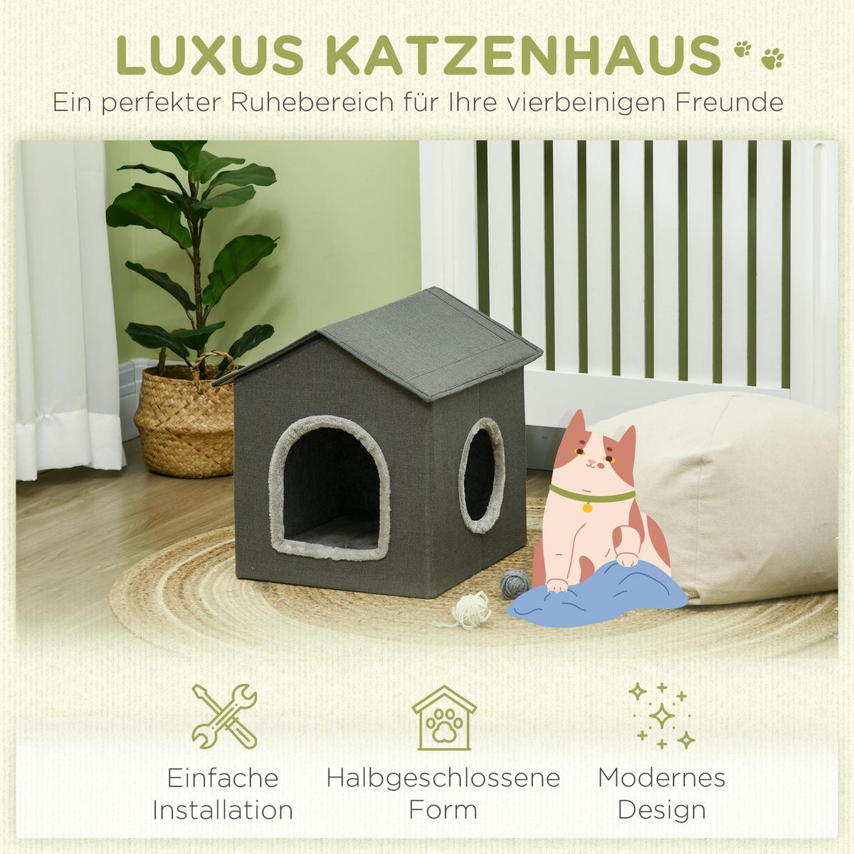 Cat Cave Cozy Cat House With Two Doors, Cushions, Cat Bed For Up To 5Kg, Polyester In Grey