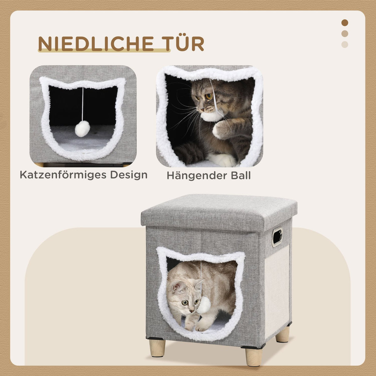 Cat Cave Ottoman With Cushion And Scratching Mat Play Ball Anti-Slip Gray Polyester For Cats