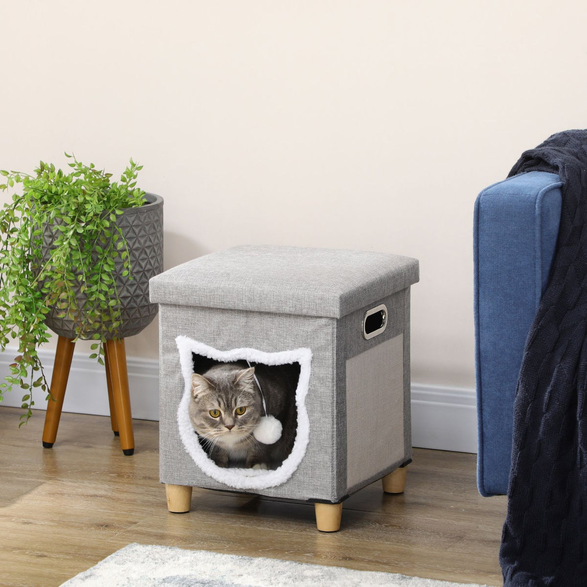 Cat Cave Ottoman With Cushion And Scratching Mat Play Ball Anti-Slip Gray Polyester For Cats