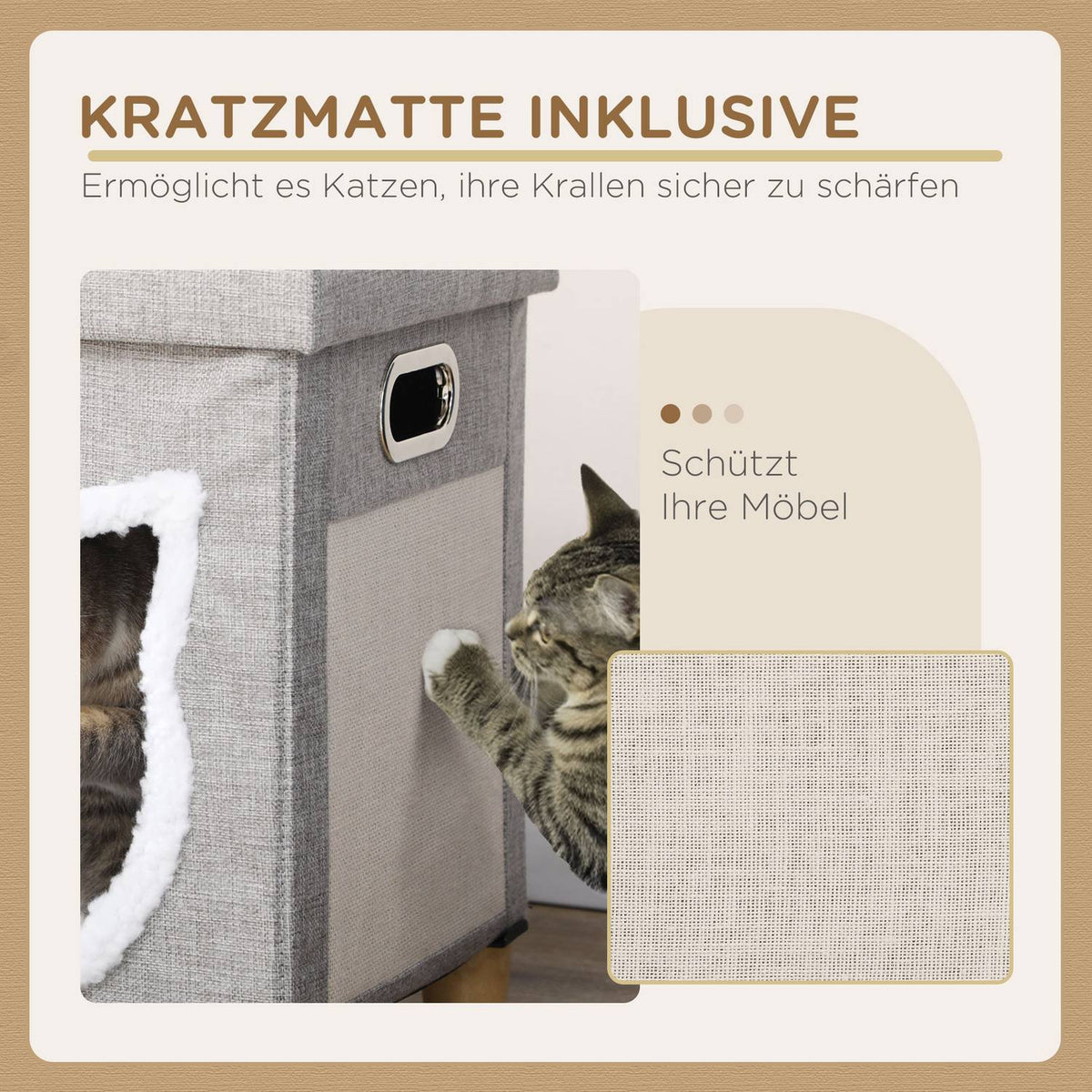 Cat Cave Ottoman With Cushion And Scratching Mat Play Ball Anti-Slip Gray Polyester For Cats