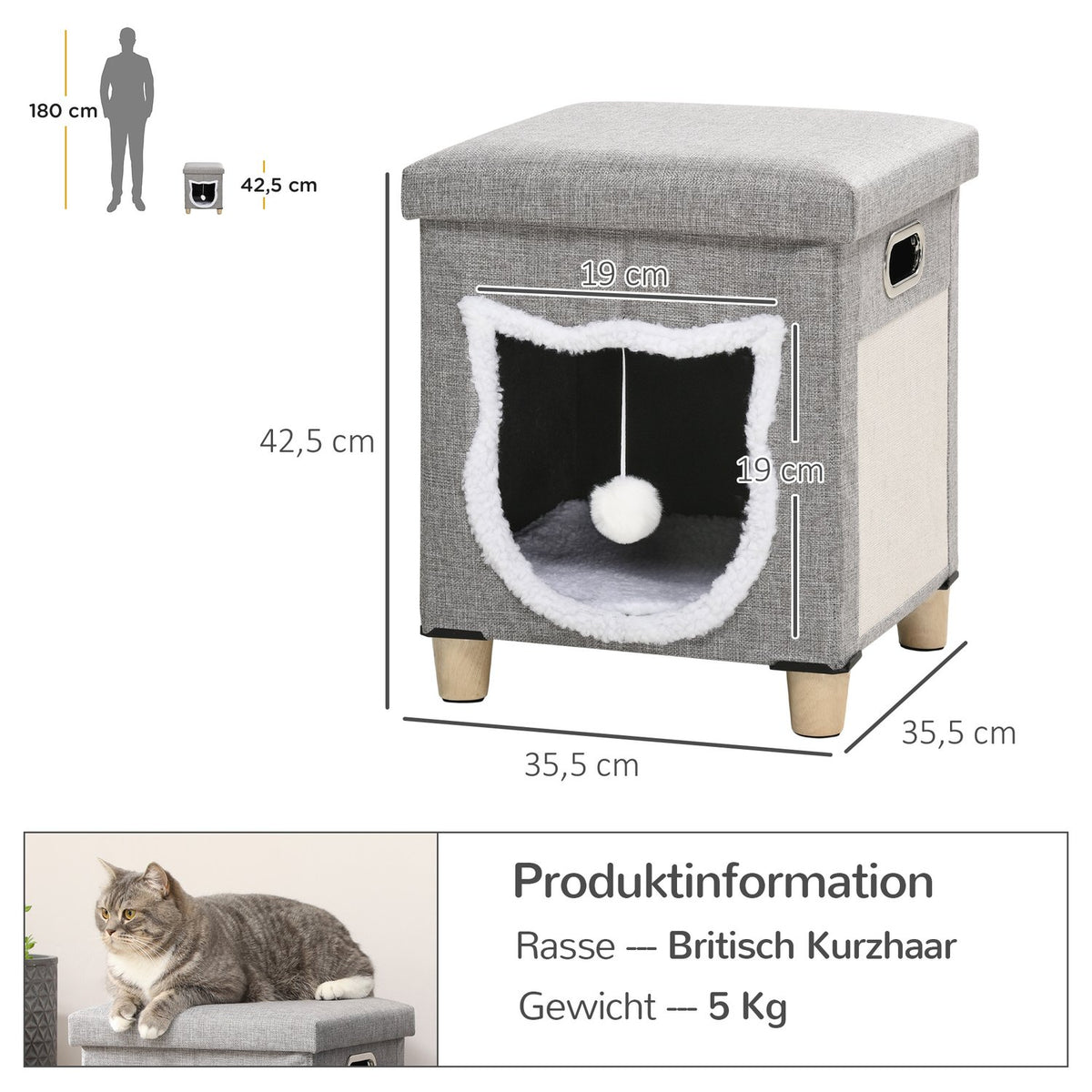 Cat Cave Ottoman With Cushion And Scratching Mat Play Ball Anti-Slip Gray Polyester For Cats