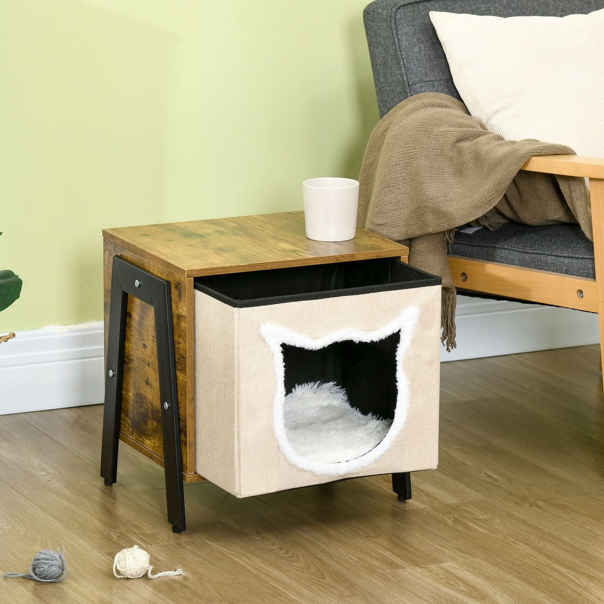 Cat Cave With Cushion And Adjustable Base Cat Bed For Up To 5 Kg, Steel & Linen, Rustic Brown