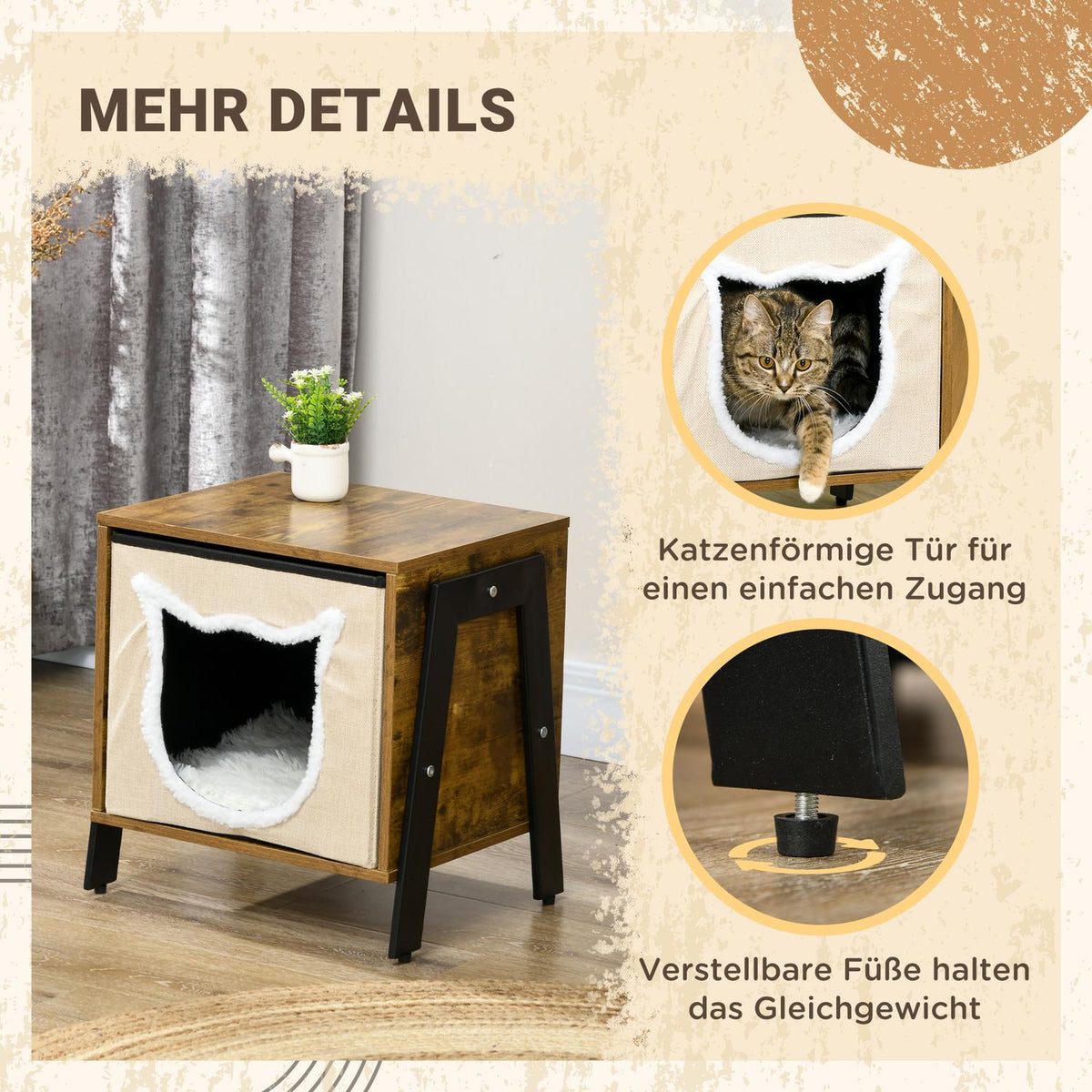 Cat Cave With Cushion And Adjustable Base Cat Bed For Up To 5 Kg, Steel & Linen, Rustic Brown