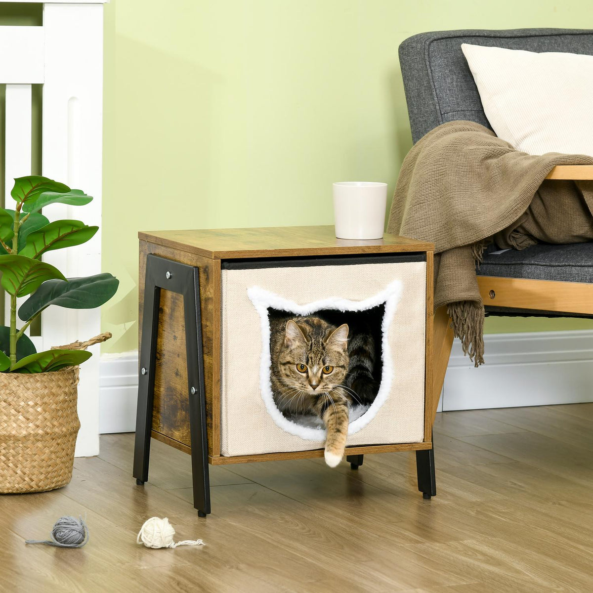 Cat Cave With Cushion And Adjustable Base Cat Bed For Up To 5 Kg, Steel & Linen, Rustic Brown