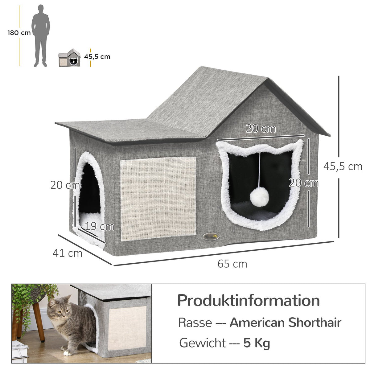 Cat Cave With Scratching Surface And Double Doors Cuddly Cave With Cushion & Toy Ball, Polyester, Grey