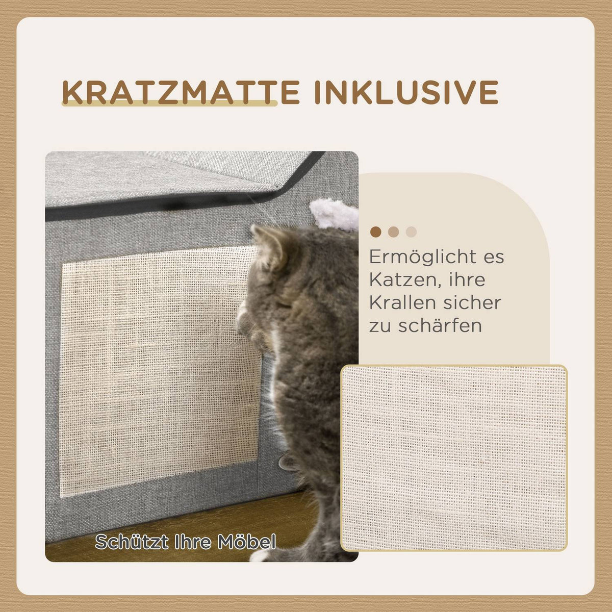Cat Cave With Scratching Surface And Double Doors Cuddly Cave With Cushion & Toy Ball, Polyester, Grey