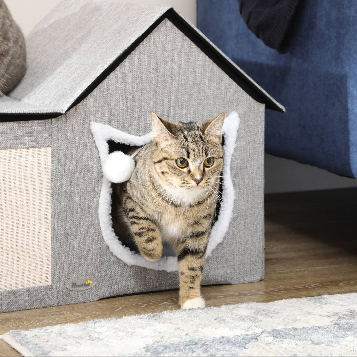 Cat Cave With Scratching Surface And Double Doors Cuddly Cave With Cushion & Toy Ball, Polyester, Grey