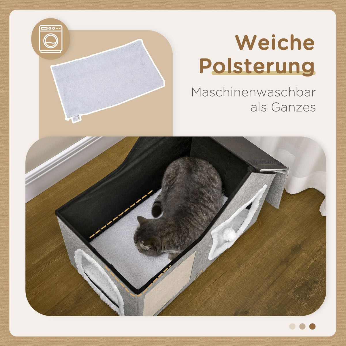 Cat Cave With Scratching Surface And Double Doors Cuddly Cave With Cushion & Toy Ball, Polyester, Grey