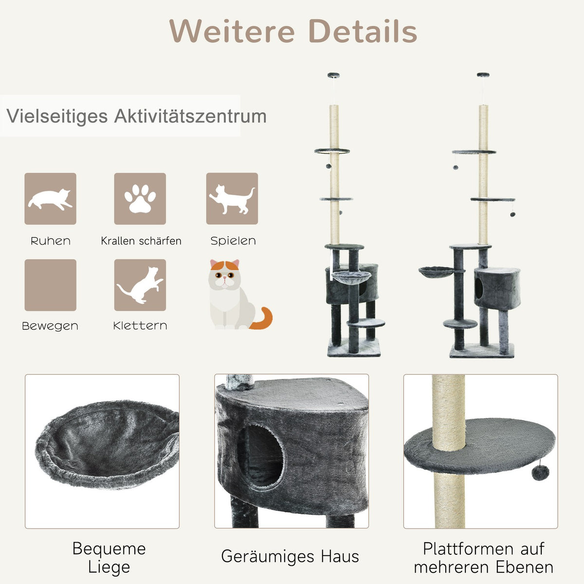 Cat Climbing Frame Ceiling High Scratching Post With Sisal Columns, 220-265Cm, Cat Climbing Tree, Dark Grey