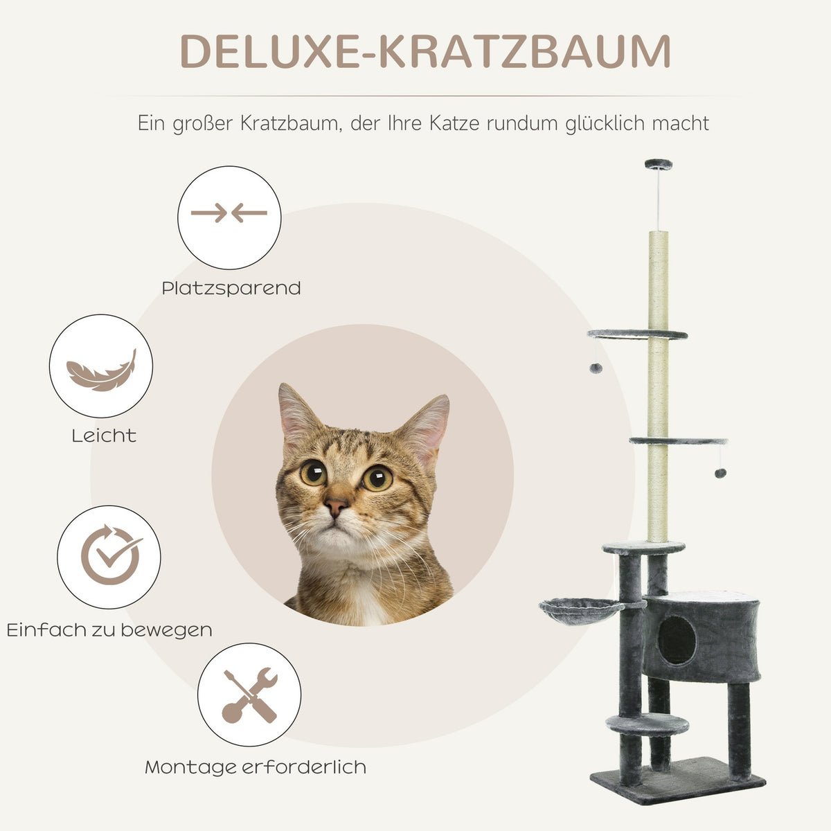 Cat Climbing Frame Ceiling High Scratching Post With Sisal Columns, 220-265Cm, Cat Climbing Tree, Dark Grey