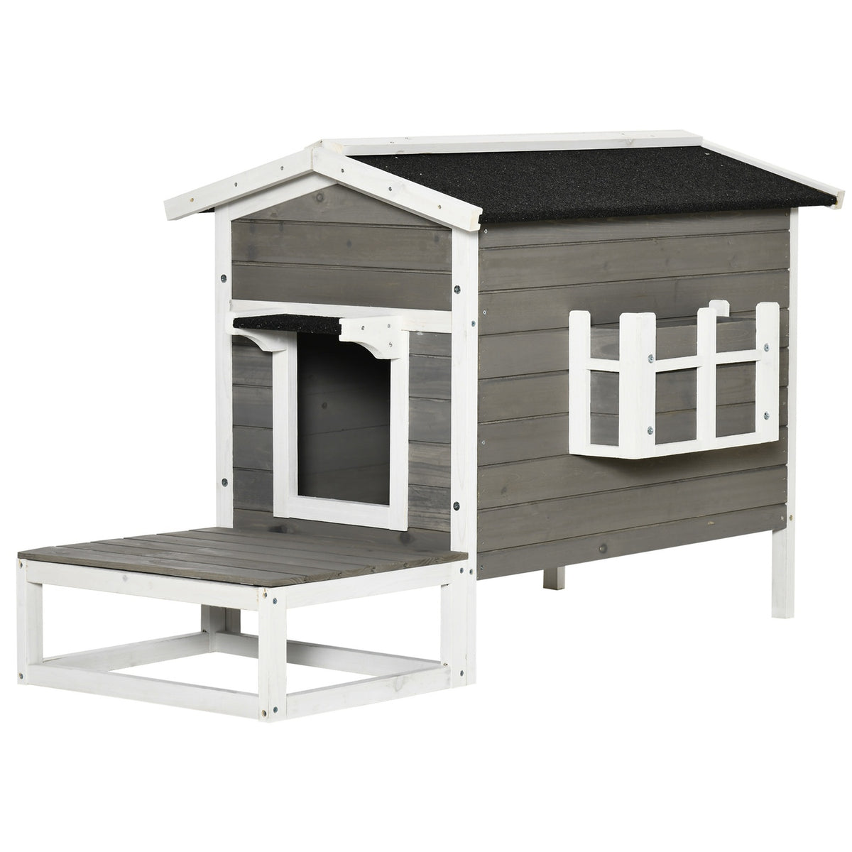 Cat House Cat Hut Cat Cave Small Animal House With Terrace And Balcony For Cats Dogs Fir Wood Gray + White 115 X 66.5 X 74.7 Cm