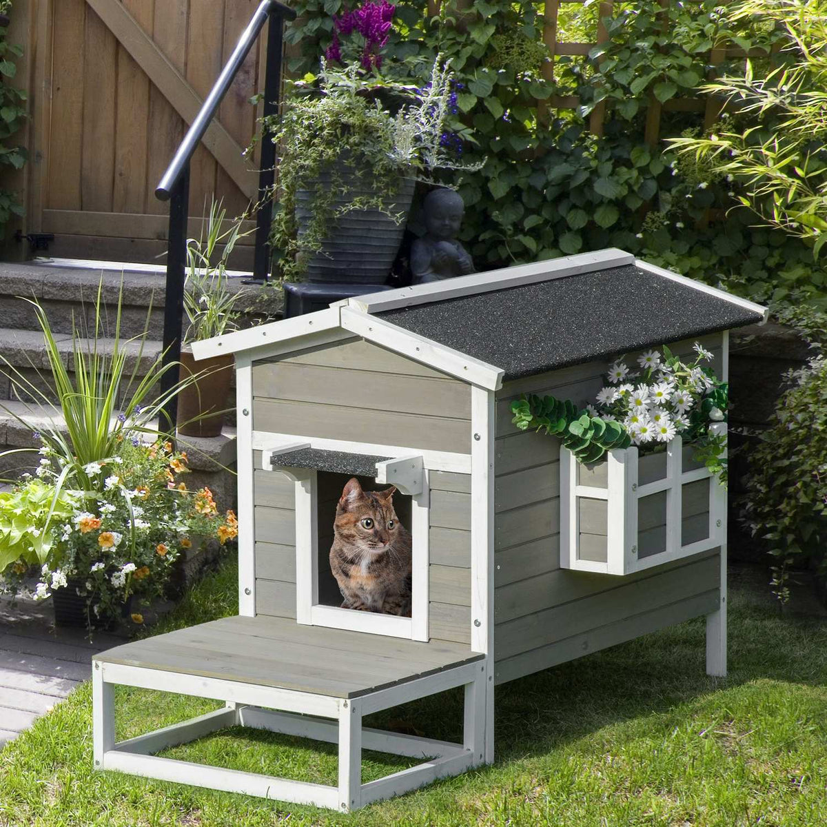 Cat House Cat Hut Cat Cave Small Animal House With Terrace And Balcony For Cats Dogs Fir Wood Gray + White 115 X 66.5 X 74.7 Cm