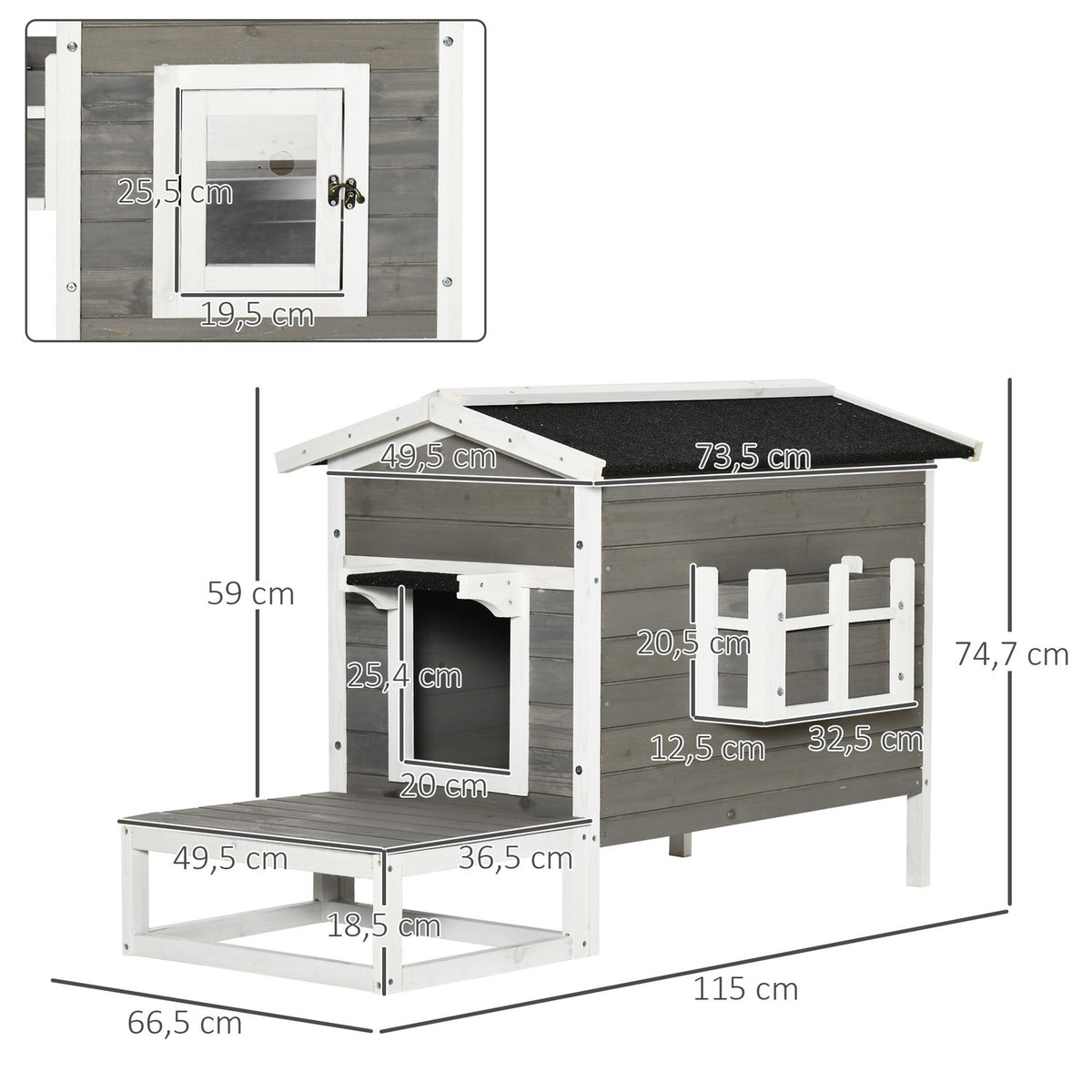 Cat House Cat Hut Cat Cave Small Animal House With Terrace And Balcony For Cats Dogs Fir Wood Gray + White 115 X 66.5 X 74.7 Cm
