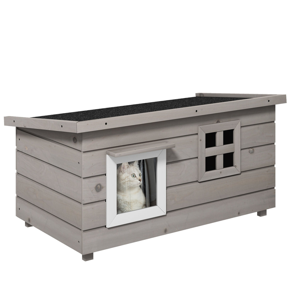 Cat House Cat Hut With Asphalt Roof Cat Cave Small Animal House With Window Outdoor Winterproof Fir Wood Gray Black 87 X 52 X 48 Cm