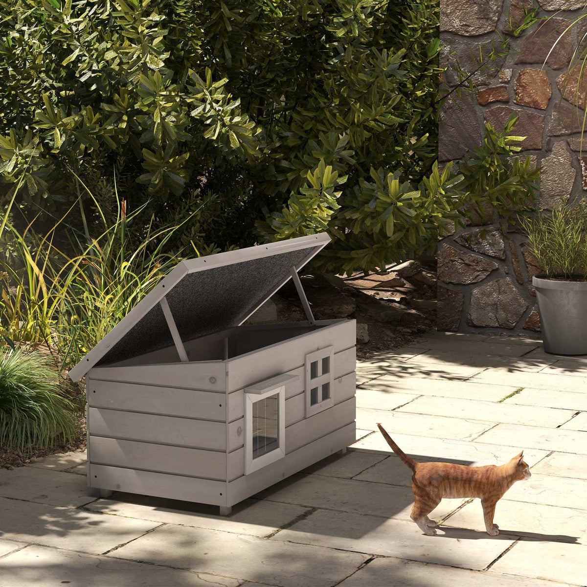 Cat House Cat Hut With Asphalt Roof Cat Cave Small Animal House With Window Outdoor Winterproof Fir Wood Gray Black 87 X 52 X 48 Cm