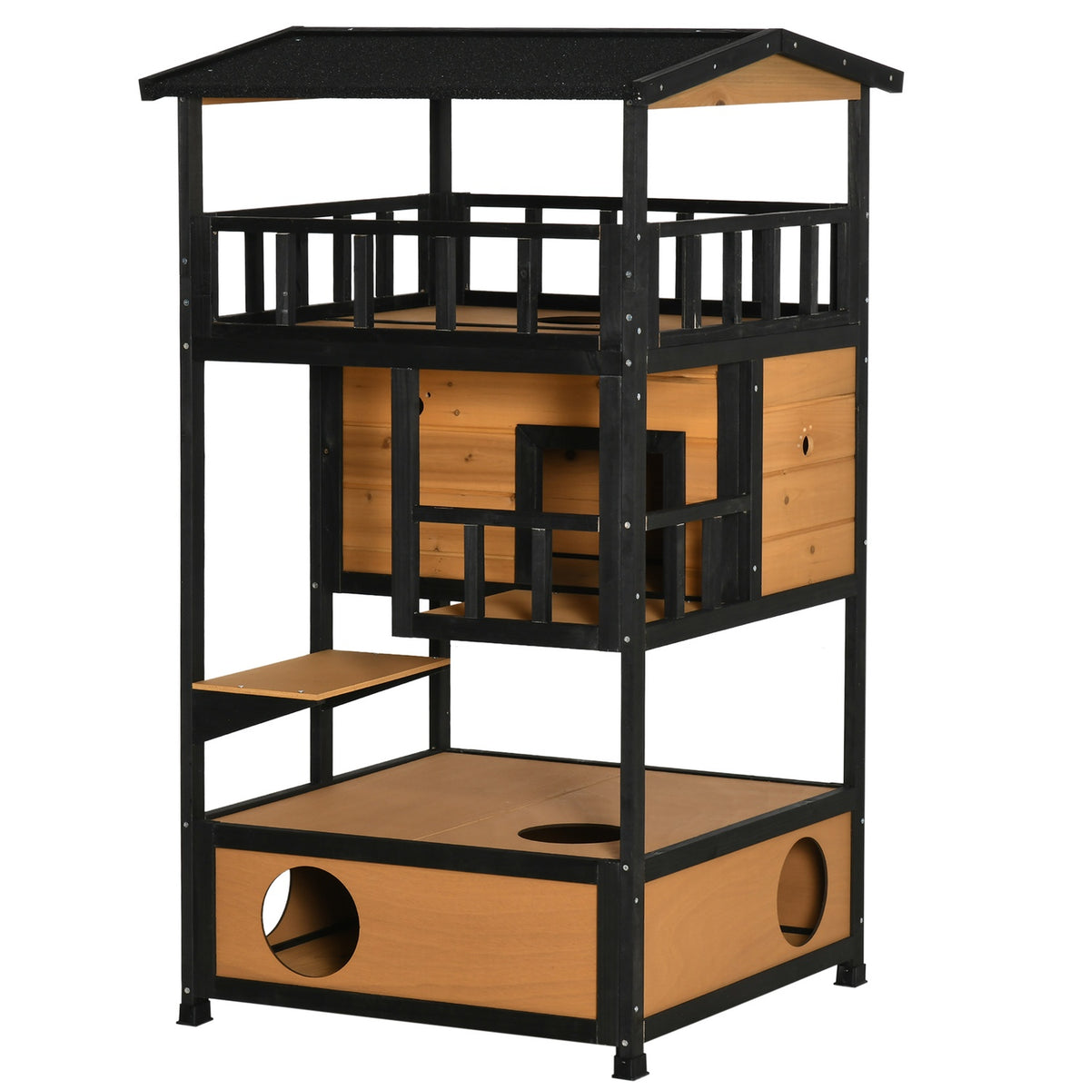 Cat House Fir Wood Cat Hut Outdoor Patio Cat Cave 4 Levels Stairs Asphalt Roof Winterproof Yellow 75.5X75X137Cm