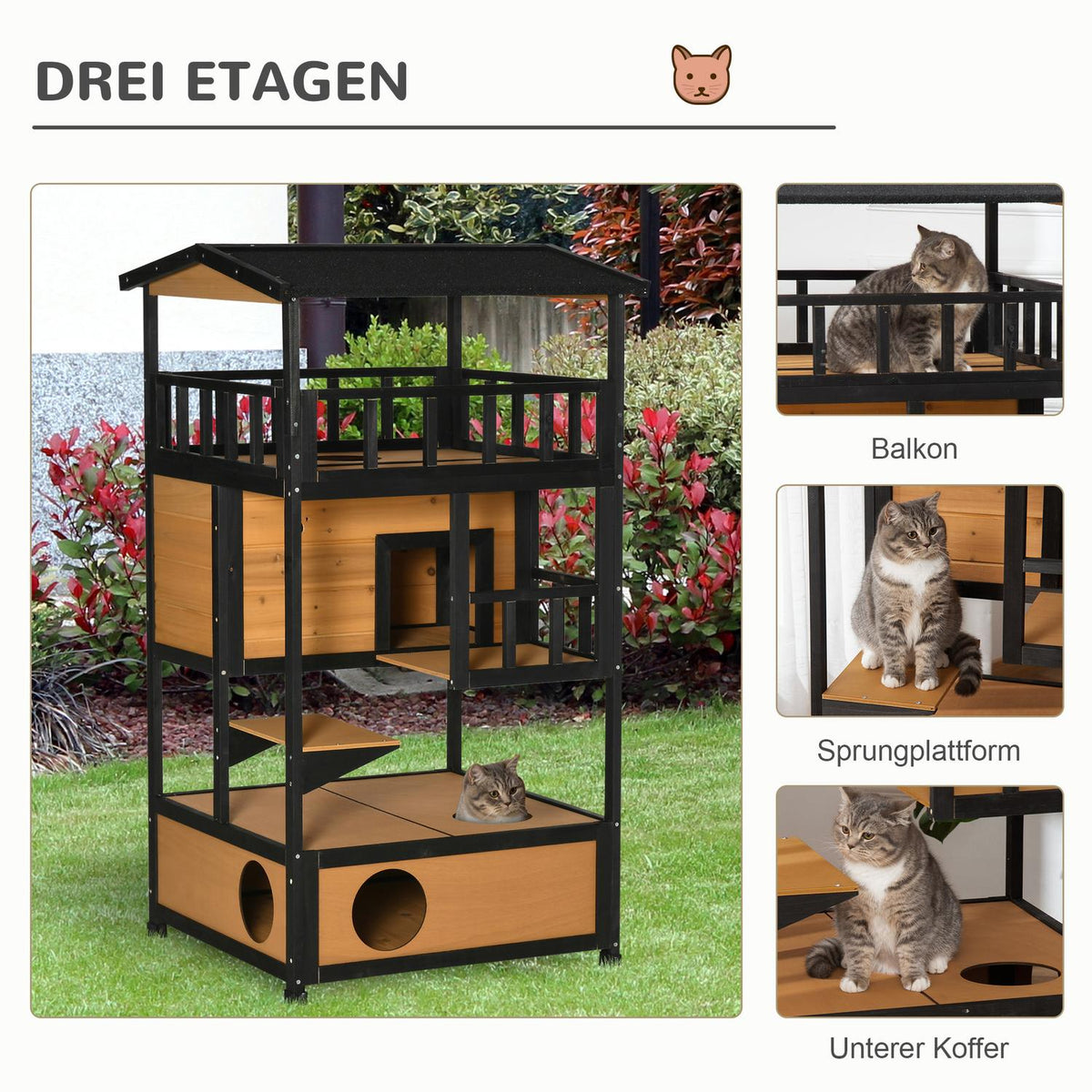 Cat House Fir Wood Cat Hut Outdoor Patio Cat Cave 4 Levels Stairs Asphalt Roof Winterproof Yellow 75.5X75X137Cm