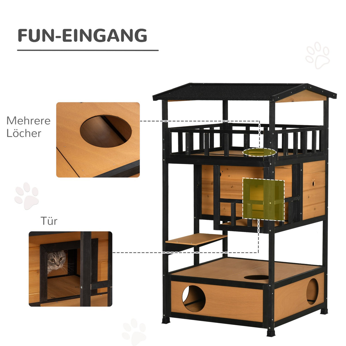 Cat House Fir Wood Cat Hut Outdoor Patio Cat Cave 4 Levels Stairs Asphalt Roof Winterproof Yellow 75.5X75X137Cm