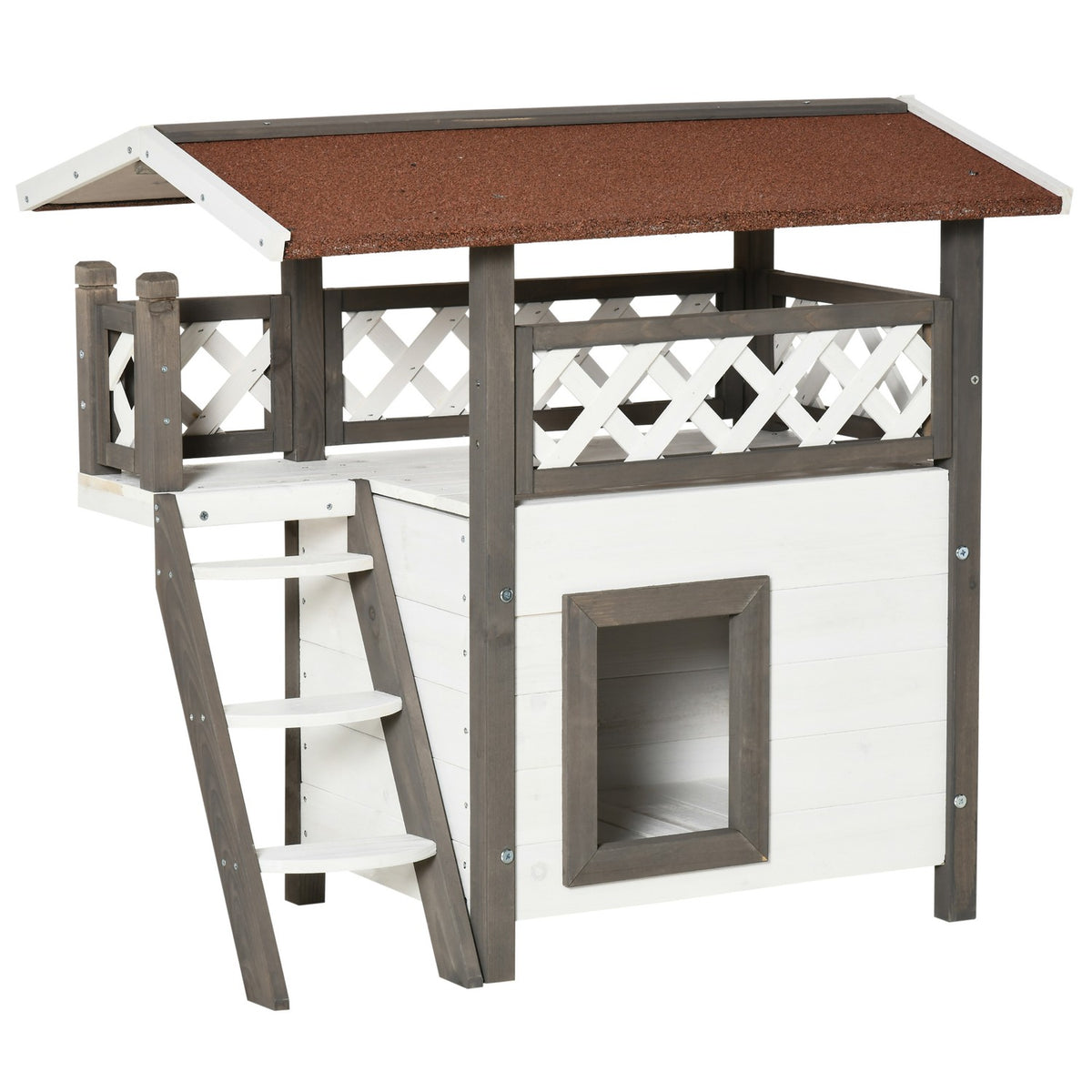 Cat House Fir Wood Small Animal House With Terrace & Stairs, Heat-Insulated Weatherproof, For Indoor & Outdoor