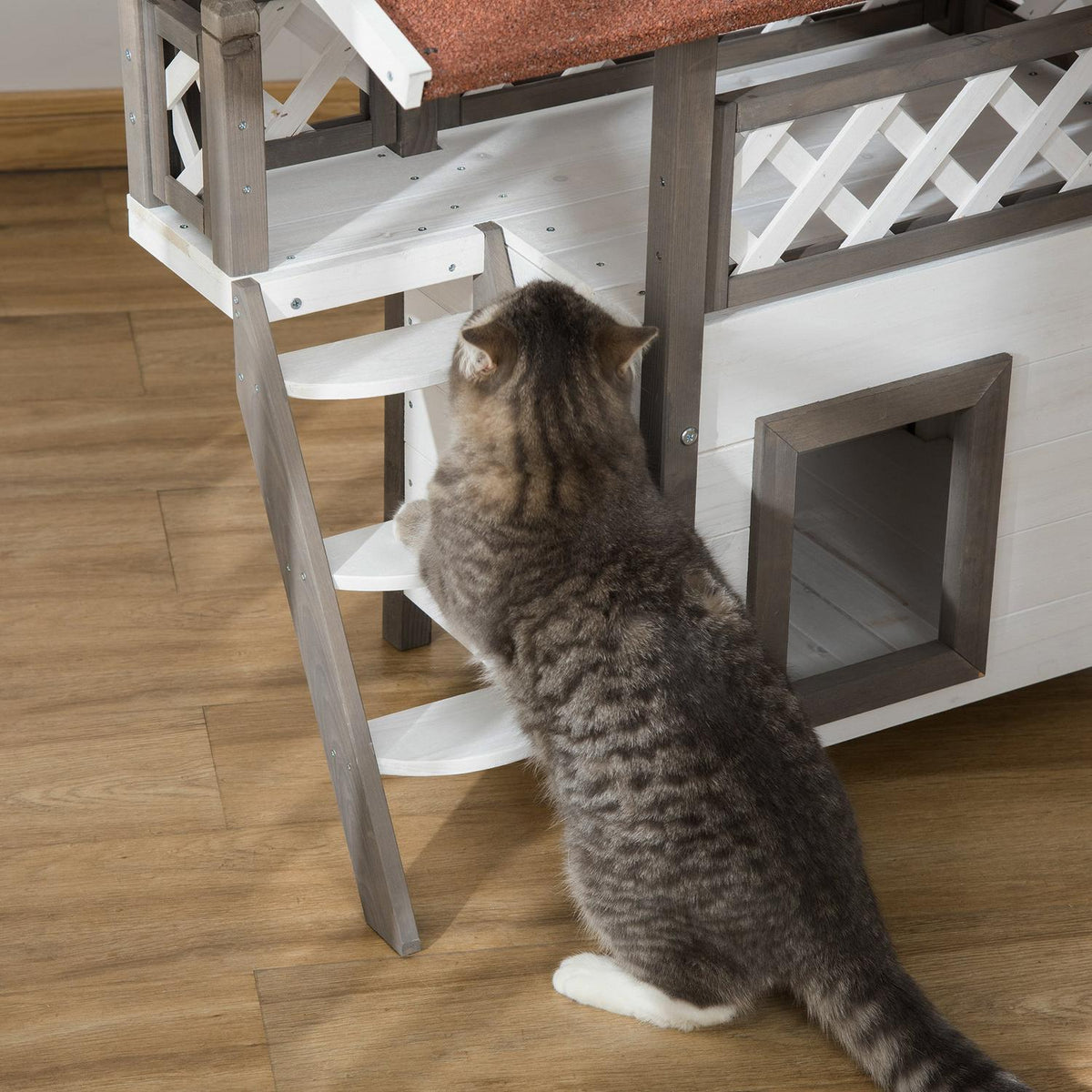 Cat House Fir Wood Small Animal House With Terrace & Stairs, Heat-Insulated Weatherproof, For Indoor & Outdoor