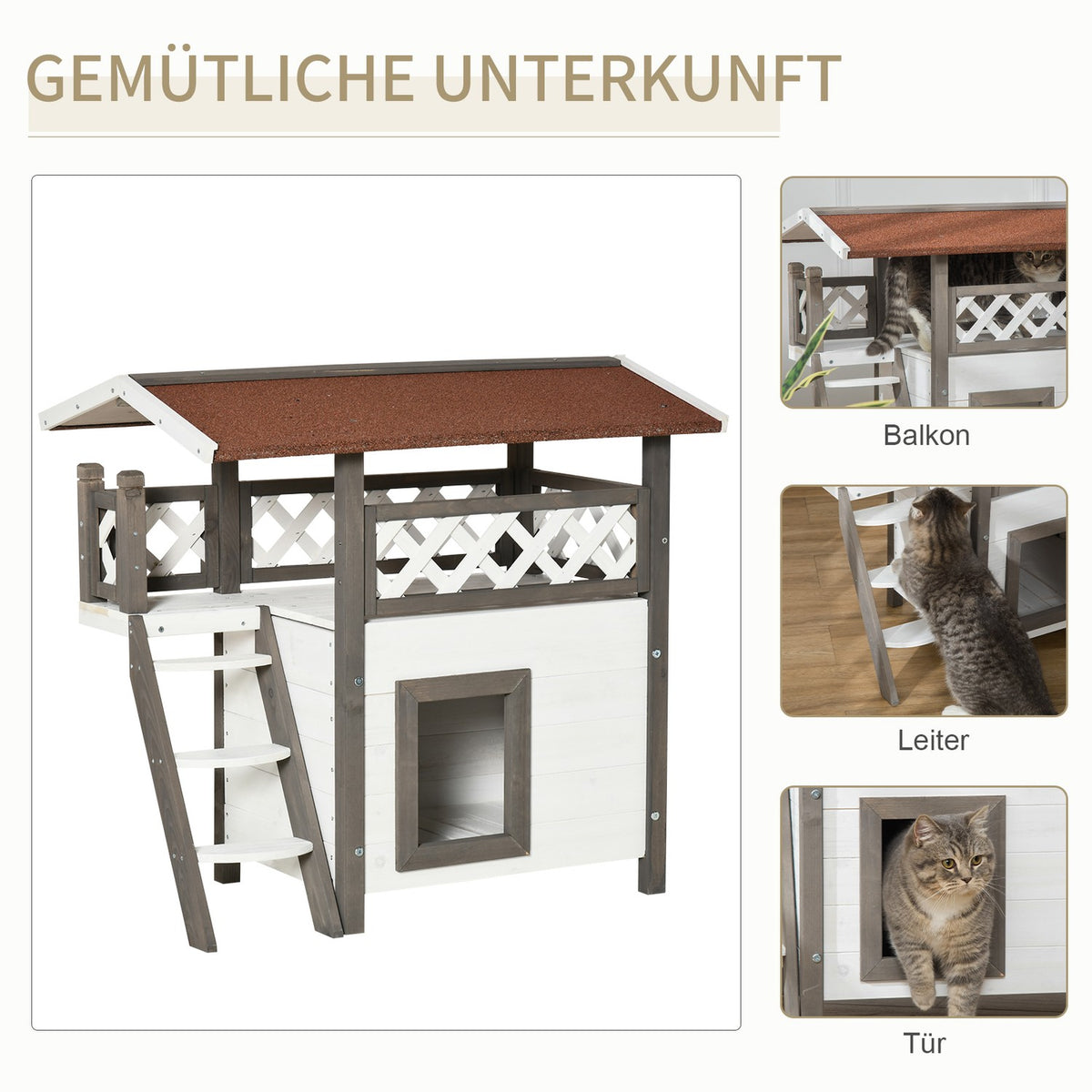 Cat House Fir Wood Small Animal House With Terrace & Stairs, Heat-Insulated Weatherproof, For Indoor & Outdoor