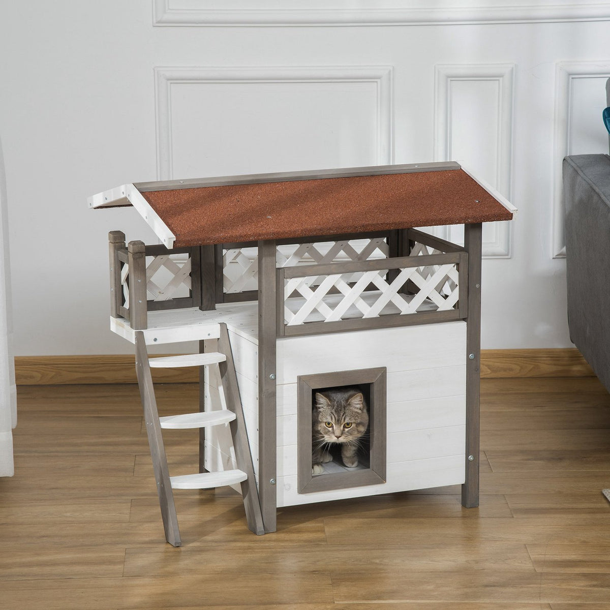 Cat House Fir Wood Small Animal House With Terrace & Stairs, Heat-Insulated Weatherproof, For Indoor & Outdoor