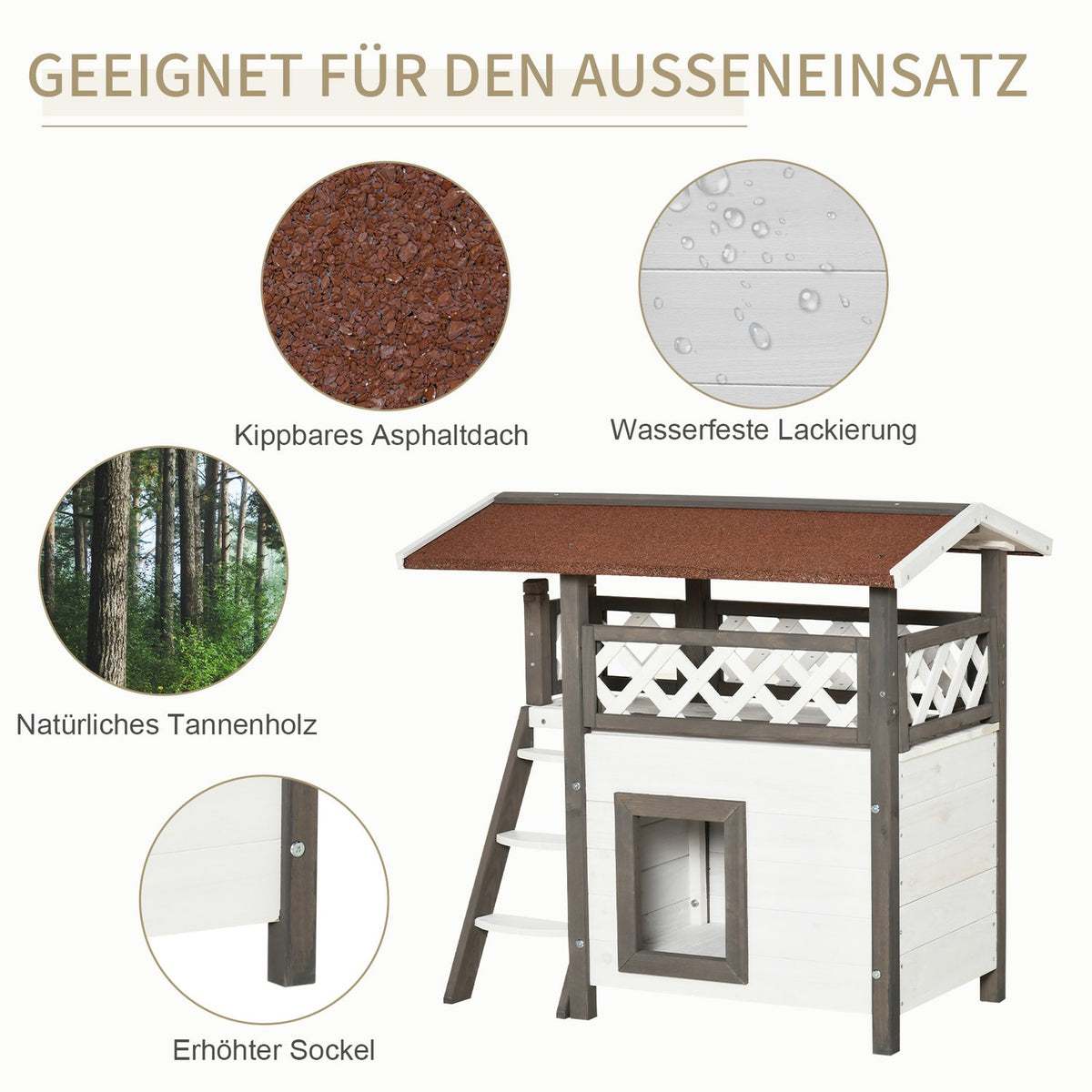 Cat House Fir Wood Small Animal House With Terrace & Stairs, Heat-Insulated Weatherproof, For Indoor & Outdoor