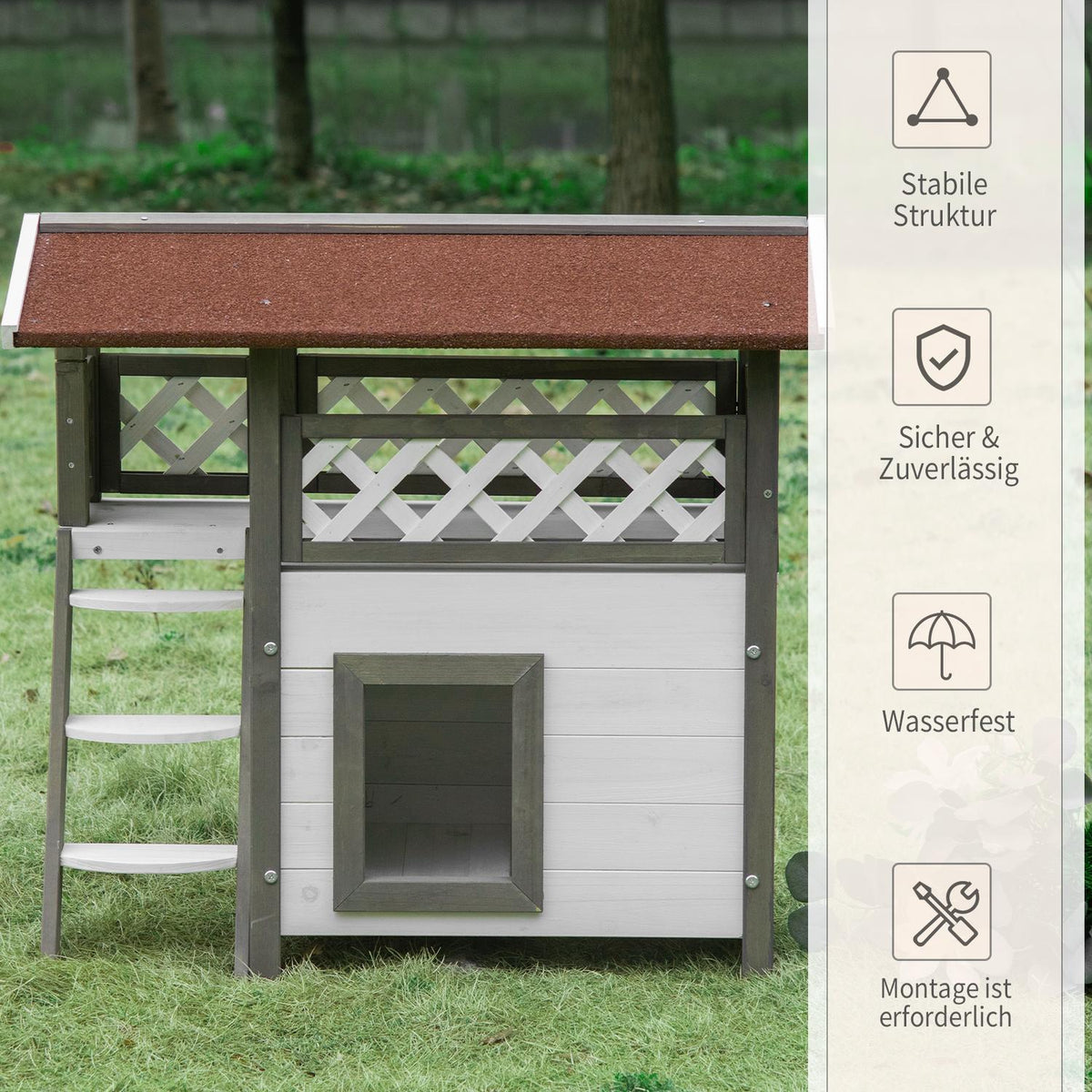 Cat House Fir Wood Small Animal House With Terrace & Stairs, Heat-Insulated Weatherproof, For Indoor & Outdoor