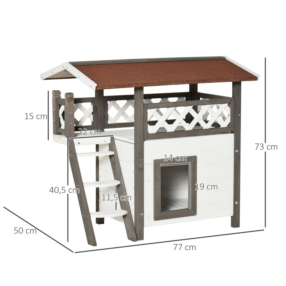 Cat House Fir Wood Small Animal House With Terrace & Stairs, Heat-Insulated Weatherproof, For Indoor & Outdoor