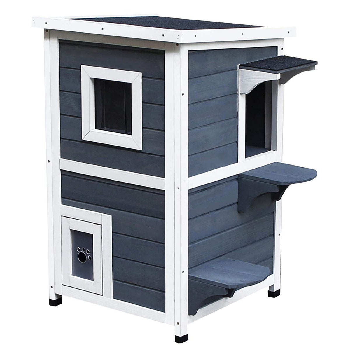 Cat House Gray 2 Level Cat Villa With Stairs, Asphalt Roof & Windows, Fir Wood, 51X51X81.3Cm