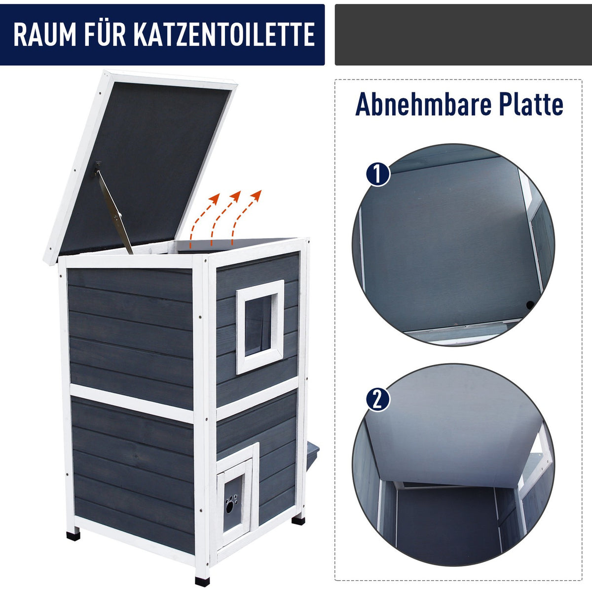 Cat House Gray 2 Level Cat Villa With Stairs, Asphalt Roof & Windows, Fir Wood, 51X51X81.3Cm