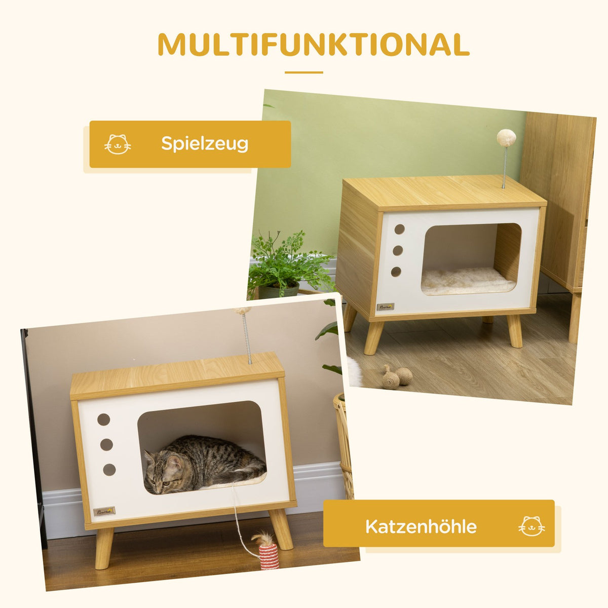 Cat House In Tv Design, Play Ball & Cushion Included, Cat Basket, Oak/Beige/White, 50X28X43Cm