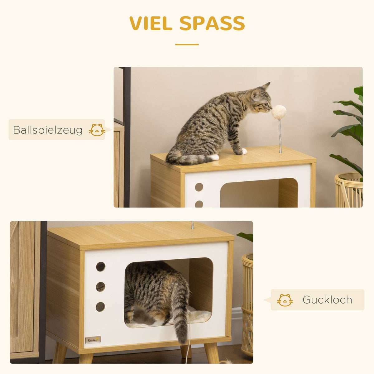 Cat House In Tv Design, Play Ball & Cushion Included, Cat Basket, Oak/Beige/White, 50X28X43Cm
