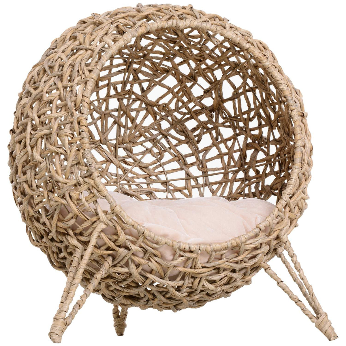 Cat House Made Of Pe Rattan With Cushions, Cat Sleeping Area, Cat Cave With Raised Feet, Natural, Ø52 X 58 Cm