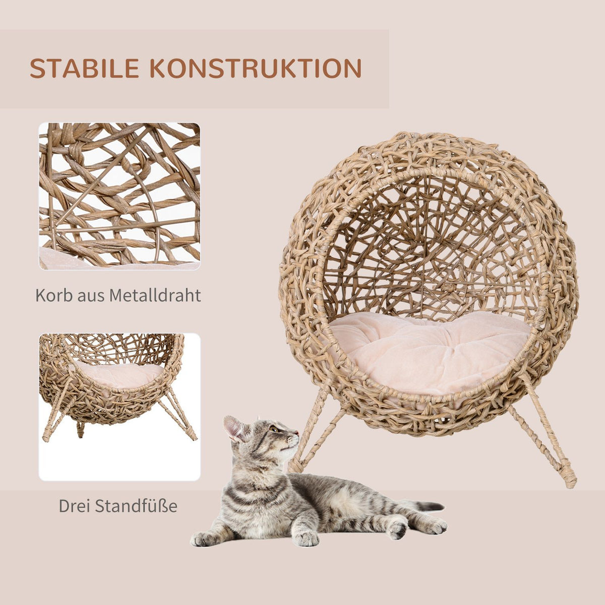 Cat House Made Of Pe Rattan With Cushions, Cat Sleeping Area, Cat Cave With Raised Feet, Natural, Ø52 X 58 Cm